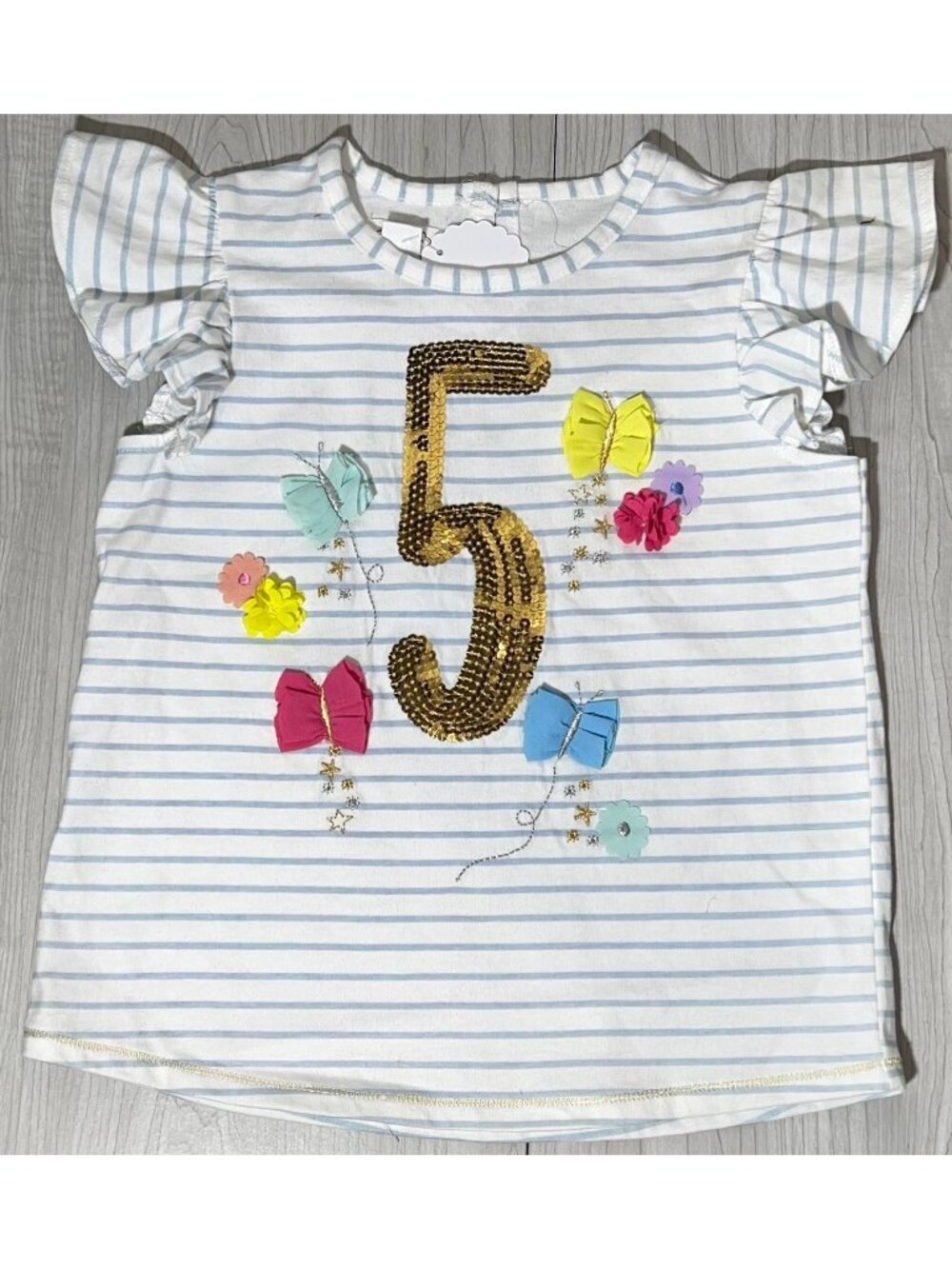Mud Pie 5T NWT Birthday 5 FIVE 5th bday shirt blue gold sequins butterfly party